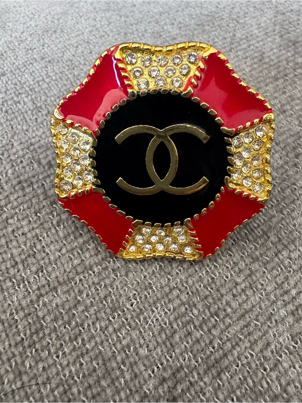 Authentic Chanel Red and Black Crystal Logo Ring Size 6